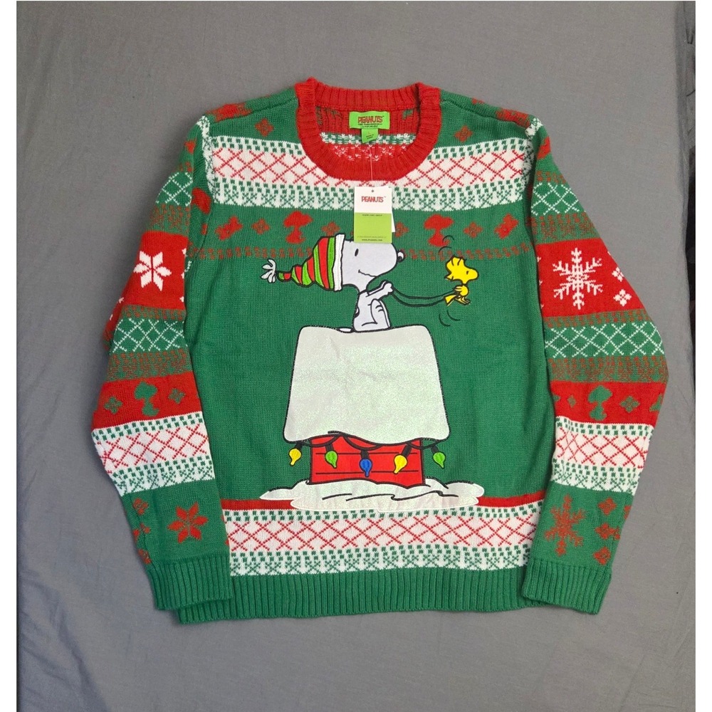 Peanuts Snoopy Woodstock Christmas Sweater Green Red Fair Isle Large NWT
